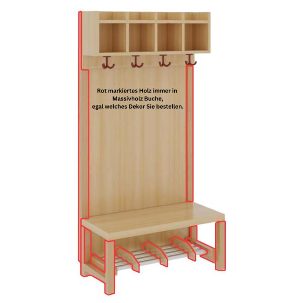 Komplettgarderobe 4 Plätze, einfache Ablage, Rückwand