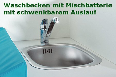 Wickelkommode m. Aufgang, 12 hohen Boxen u. Waschbecken