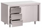 Edelstahl Arbeitsschrank 1600 x 700 mm mit 3 Schubladen und Schiebetüren, versandkostenfrei